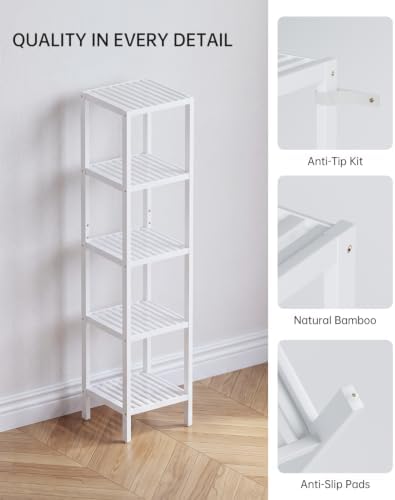 SMIBUY Bathroom Storage Shelf, 5-Tier Bamboo Rack Organizer, Multifunctional Shelving Unit for Living Room Bedroom Kitchen (White) - Image 5