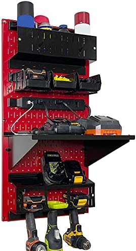 Wall Control Power Tool Storage Organizer Kit Cordless Drill Holder Charging Station Rack 16” x 32” Metal Pegboard Organization System (Red Pegboard) by Wall+Control