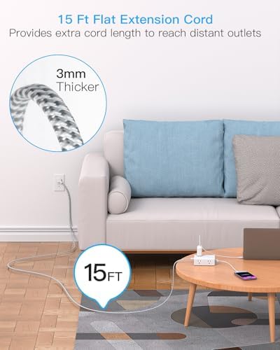 Extension Cord 15 Ft, Flat Plug Surge Protector Power Strip 15 Ft Long Cord - Image 3