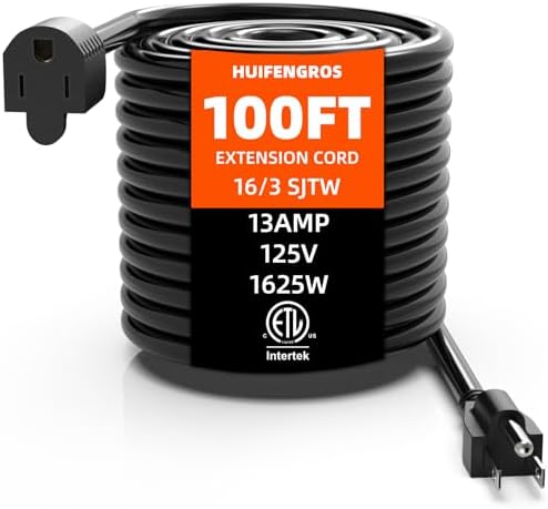 100 FT Outdoor Extension Cord | Black Extension Cord Waterproof, 16 Gauge 13Amps 125V, SJTW, ETL Listed, Indoor/Outdoor Use by Unknown