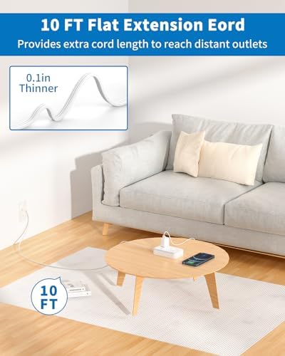10 ft Flat Extension Cord, Flat Plug Power Strip with 6 Outlets 4 USB Ports, Wall Mounted Outlet Extender, Overload Protection for Indoor, Home, Office Supplies, Dorm Room Essentials - Image 2