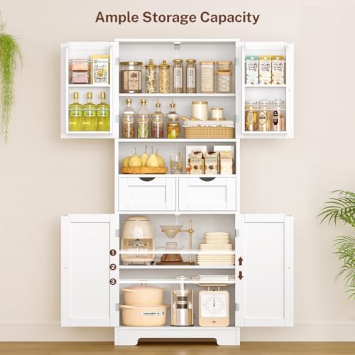 Kitchen Pantry Cabinet with 2 Drawers &4 Door Shelves, Tall Storage Cabinet - Image 4