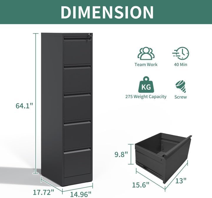 5 Drawer File Cabinet with Lock,Metal File Cabinet for Home Office - Image 3