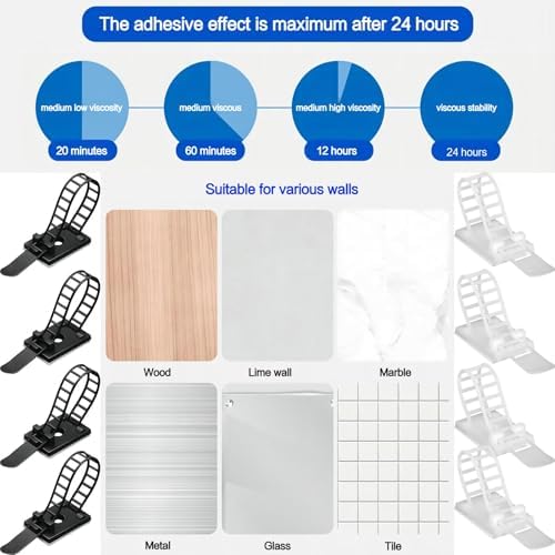 Adjustable Adhesive Cable Management Clips 100Pcs, Large self Adhesive Cable Ties Clips ，Suitable for Cable Management Under desks and on Walls (White) - Image 7