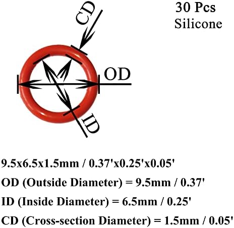 [30 Pcs] Silicone O-Rings Red 9.5mm OD 6.5mm ID 1.5 mm Width, Metric VMQ Sealing Gasket for Cup Lids, Coffee Maker, Brewing Fitting, Washer, Filter, Pump, Plumbing, Hose, Gauge, Auto, Machine - Image 2