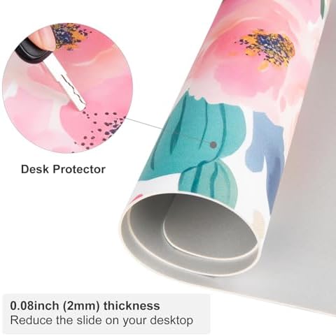 Faux Leather Large Mouse Pad, Office Desk Mat, 31.5"x11.8", Pink Floral - Image 4