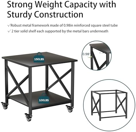 Printer Stand, 23.6 x 23.6 Inches Large Printer Stand with Storage Shelf, 2 Tier Printer Table for Home Office, Rolling Printer Cart with Industrial Wheels, Mini Fridge Stand Table, Black - Image 4
