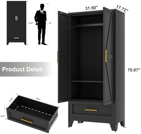 Baborokic Metal Wardrobe Cabinet,71 Armoire Wardrobe Closet with Drawers and Hanging Rod,Metal Armoire with Adjustable Shelves for Closet,Bedroom,Farmhouse Storage Cabinet with Drawer(Black) - Image 3