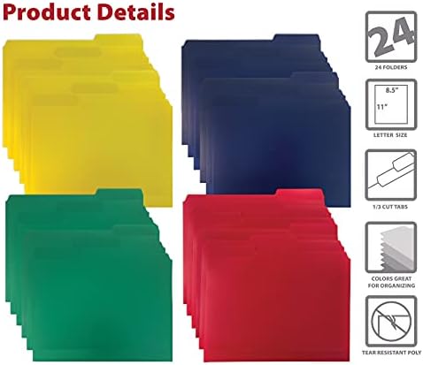 Better Office Products Heavyweight Poly File Folders, 1/3 Cut, Top Tab, 24 Per Box, Letter Size, Assorted Colors-Red, Blue, Yellow Green, 24 per Box - Image 3