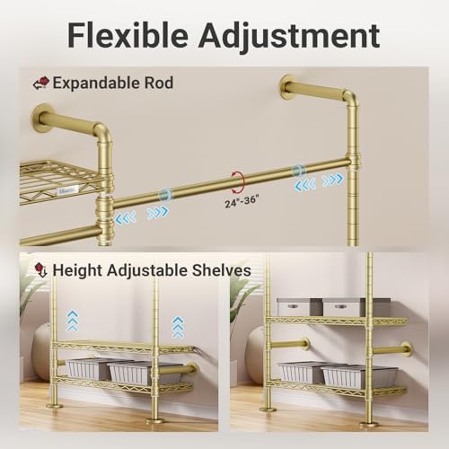Timate L2 Wall Mounted Clothes Rack Industrial Pipe Clothing Rack for Hanging Clothes, Adjustable Expandable Garment Rack Heavy Duty Closet Organizer, Gold Mounted Closets Industrial Closet System - Image 5