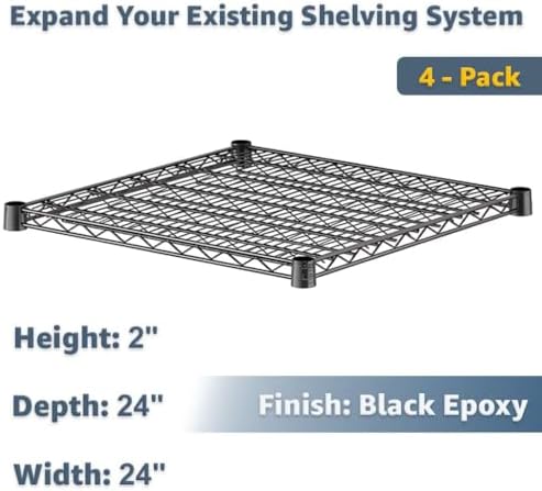 24" x 24" Replacement Wire Shelves 4 Pack for Storage Systems, Black-Plated Steel Build, NSF - Image 2