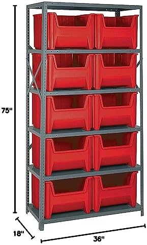 Quantum Storage Systems QSBU-800RD Solid Heavy Duty 6 Shelves 10 Giant Stack Red Bins 75" H x 36" W x 18" D - Image 2