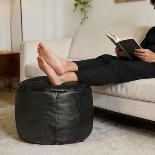 Thgonwid Unstuffed Faux Leather Pouf Cover, Handmade Footstool Ottoman Storage Solution, Floor Footrest Cushion - 16.5" Dx12 H, Pure Black - Image 2