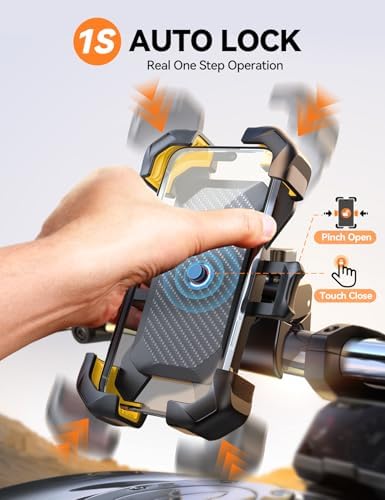 JOYROOM Motorcycle Phone Mount, [1s Auto Lock][100mph Military Anti-Shake] Bike Phone Holder for Bicycle, [10s Quick Install] Handlebar Phone Mount, Compatible with iPhone, Samsung, All Phone, Yellow - Image 2