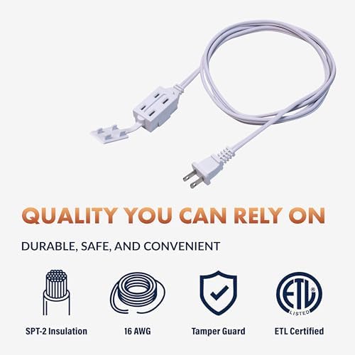 Newhouse Electric 12-Foot 2-Prong Indoor Outlet Extension Cord with Tamper Guard CTCORD12FT-WH Slim Indoor Extension Cord and Cube Tap for Home Essentials, Apartments, and Home Improvement Projects - Image 3