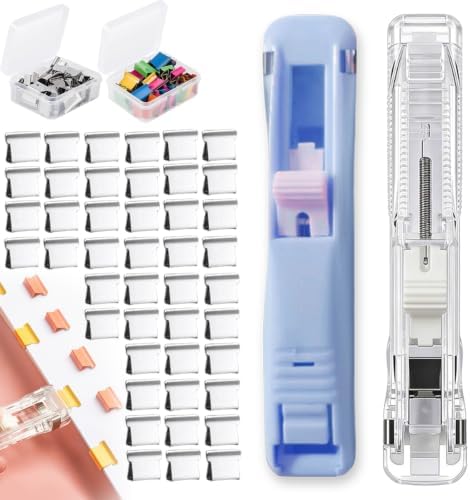 2PCS Portable Binder Clip Stapler with 100 Metal Refill Clips, Reusable Staple-Free Paper Binding System, Holds up to 40 Sheets, Office School Document Organizer Tool，Blue+Trans by LSMARZJZ