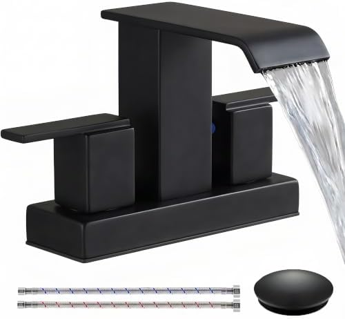 Matte Black Bathroom Faucets, 4 Inch Centerset 3 Hole Waterfall Sink Faucet with Pop-up Drain & Hose, Modern Anti-Splash Vanity Fixture for DIY Bathroom Upgrade by Sreeznx