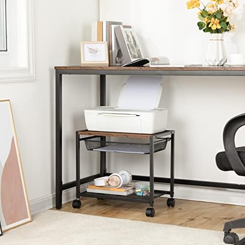 HOOBRO Under Desk Printer Stand, Industrial Printer Cart with Storage Shelf, 2-Tier Mobile Printer Table on Wheels, Heavy Duty Machine Storage Rack for Office and Home Rustic Brown + Black BF12PS01 - Image 3