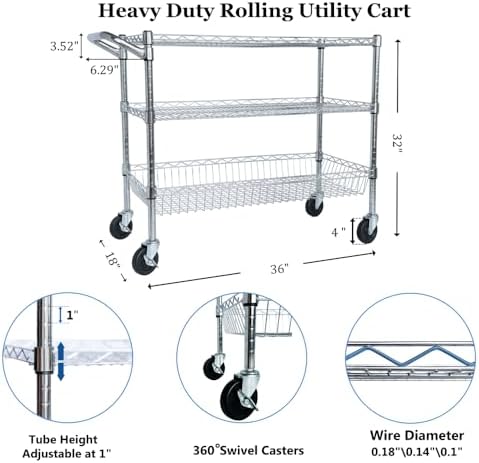 Heavy Duty 3-Tier Utility Cart with Wheels & Handle Bar, x18 Rolling Storage Cart, 600 lbs Capacity, Chrome Shelves for Kitchen, Restaurant, Plant Display, Garage, Office - Image 3