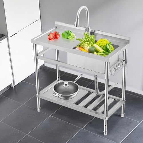 GarveeTech 39 in x20 in Freestanding Stainless Steel Utility Sink with Workbench, Hot & Cold Faucet, Undershelf, Knife Holder, S-Hooks – Commercial Prep Sink for Kitchen, Garage, Outdoor, Laundry - Image 7