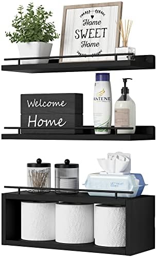 WOPITUES Floating Shelves for Wall with Cube Shelf, Wall Shelves with Metal Rail for Bathroom Decor, Bathroom Organizers and Storage, Over Toilet Shelves for Toilet Paper-Black by WOPITUESOfficial