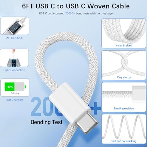iPad Fast Charger, 2 Pack 20W USB C Charging Block Charge Adapter for Apple iPad Charger with 6FT USB C Woven Fast Charging Cable for iPad Pro 13/12.9/11inch,iPad Air 5th/4,iPad mini 6/7,i-Pad 11 A16 - Image 3