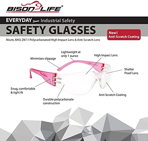 BISON LIFE Clear/Pink Safety Glasses for Men & Women ANSI Z87.1, 12 Pack - Image 2