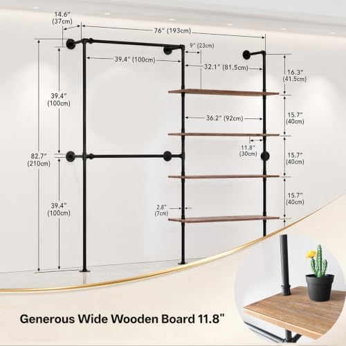 Wall Mounted Clothing Rack, Heavy Duty Pipe Closet, Pine Shelves, 76 In - Image 6