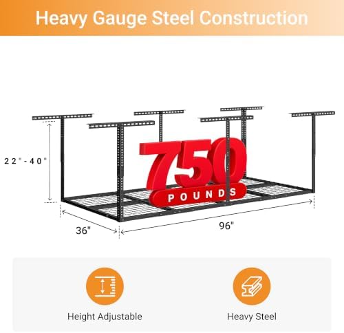 3x8ft Overhead Ceiling Garage Storage Rack, 750LBS Capacity, Black - Image 3