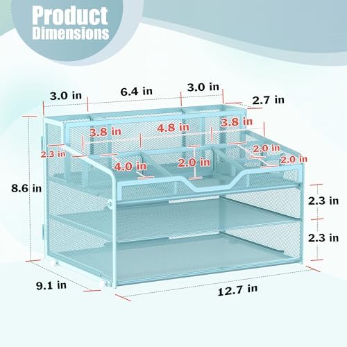 Docnest 3 Tier Mesh Desk Organizer with Letter Tray & Paper Sorter, Blue - Image 3