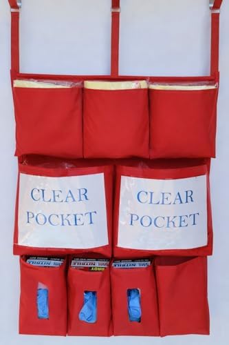 It's Sew EZ Personal Protection Equipment (PPE) Isolation Door Caddy - 9 Pockets - NFPA-701 Fire Retardant Nylon Oxford with Three Stainless Steel Hooks included (Red, Large 9 pockets) by Unknown