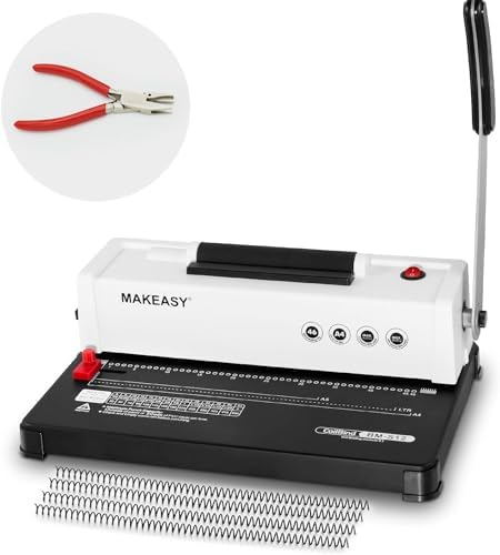 MAKEASY Spiral Binding Machine, 4:1 Pitch, 12 Sheets Punch Capacity, Electric Coil Insert, Book Binder Machine for A4/A5/Letter Size Paper, Come with 1 Box pcs 5/16'' Coils & Pliers by MAKEASY