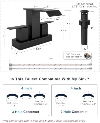 Matte Black Bathroom Faucets, 4 Inch Centerset 3 Hole Waterfall Sink Faucet with Pop-up Drain & Hose, Modern Anti-Splash Vanity Fixture for DIY Bathroom Upgrade - Image 6