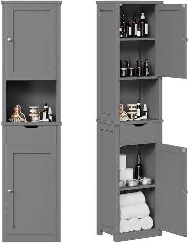 Shintenchi Tall Bathroom Storage Cabinet, Slim Corner Floor Cabinet with Doors and Drawer, Freestanding Narrow Bathroom Organizer with Adjustable Shelves for Small Space, Gray by Shintenchi%7CFurnitureMadeforRealLife