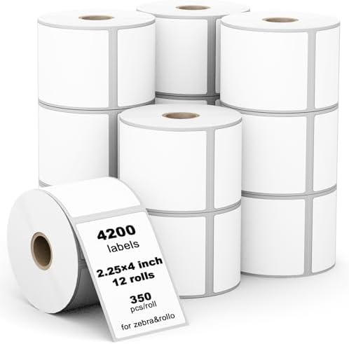 4200 Pcs Labelebal 3-Proof 1" Core 12 Rolls 2-1/4" x 4" Direct Thermal Label Multipurpose Shipping Address Mailing Barcodes Labels Compatible for Zebra 2844 & Rollo Desktop Label Printer by Labelebal