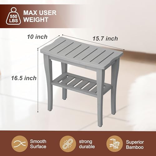 Bamboo Shower Bench Stool with Storage Shelf, Waterproof Shower Chair Spa Bath Seat, Shower Stool for Inside, Bathroom Bench Seat for Adults Elderly Seniors for Indoor or Outdoor Use(Gray) - Image 6