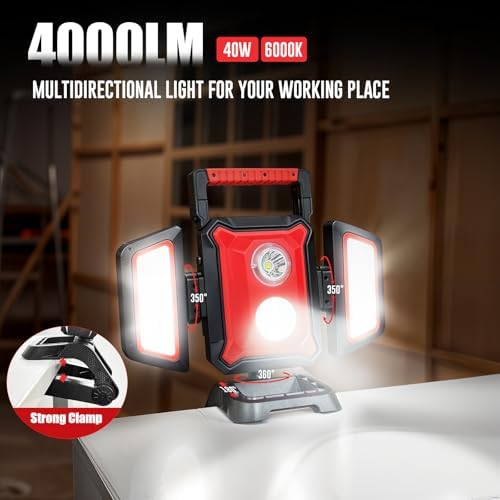 SYLSTAR 40W Rechargeable Work Light, 4000LM Magnetic Work Light, Foldable&360° Rotatable Led WorkLight with Big Clamp, 5 Light Modes, Waterproof Job Site Lighting for Garage Workshop Car Repairing - Image 2