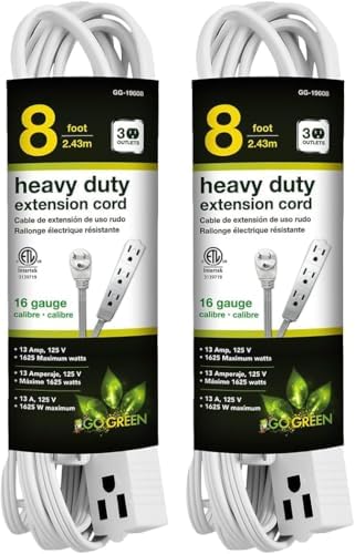 GoGreen Power Inc. (G-19608-2) 16/3 8' 3-Outlet Extension Cord, White, 8ft, 2 Pack by PowerByGoGreen