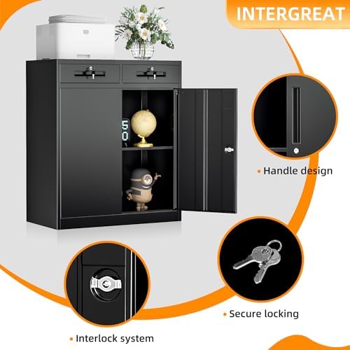 INTERGREAT Metal Storage Cabinet with Drawers, 36”H Lockable Office Storage Cabinets with 2 Doors and Adjustable Shelves, White Steel File Cabinet for Home Office, Garage, School, Apartment(Black) - Image 4