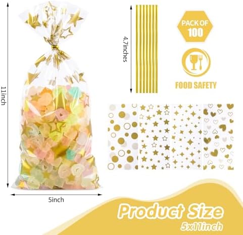 COQOFA 100 Pcs Gold 5"X11" Gift Wrap Cellophane Treat Bags Clear Party Favor Candy Cookie Bags Plastic Goodie Storage Bag with Twist Ties for Birthday, Wedding,Party Decorations(4 Patterns) - Image 2
