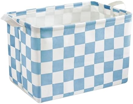 Ohocut Blue White Checkered Canvas Basket, Rectangular Organizing Decorative Storage Basket for Kids Dog Toy, Cute Aesthetic Race Cars Boy Room Decor for Home, Kitchen, Bedroom, Classroom, Shelves by Ohocut