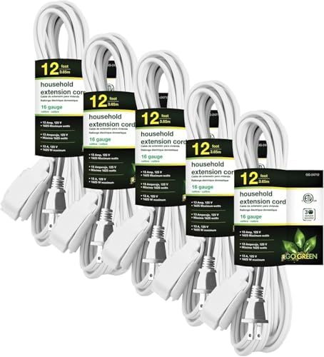 GoGreen Power Inc. (G-24712-5) 16/2 12' Household Extension Cord, 3 Outlets, White, 12ft, 5 Pack by PowerByGoGreen