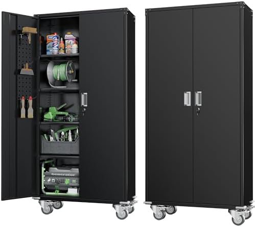Greenvelly Metal Storage Cabinet with Wheels, 72" Black Garage Rolling Cabinet with Doors and 4 Shelves, Steel Locking Cabinets Tall Tool Lockable Storage Cabinets for Basement, Pantry, Home Office by Greenvelly