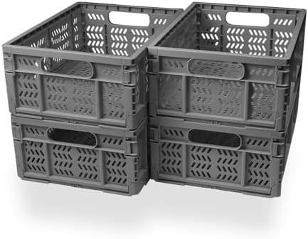 4-Pack Plastic Storage Crates,20L Foldable Baskets,Collapsible Crates, Baskets and Bins for Toys, Home Storage, Office Products, Gifts, Easter Eggs (Grey) by MakeLifeSimpleandEfficient