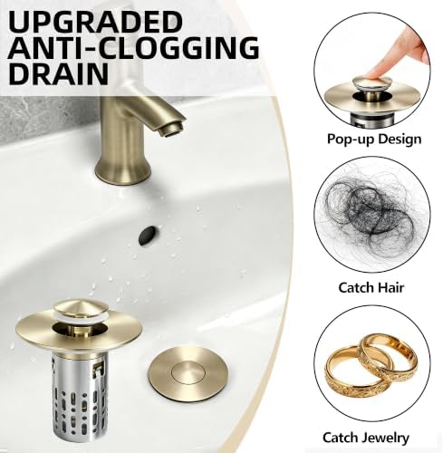 3 in 1 Bathroom Sink Drain Strainer, Universal Pop Up Bathroom Sink Stopper with Removable Hair Catcher Anti-Clog Filter Basket Brass & Stainless Steel Champagne Gold 2 PCS - Image 3
