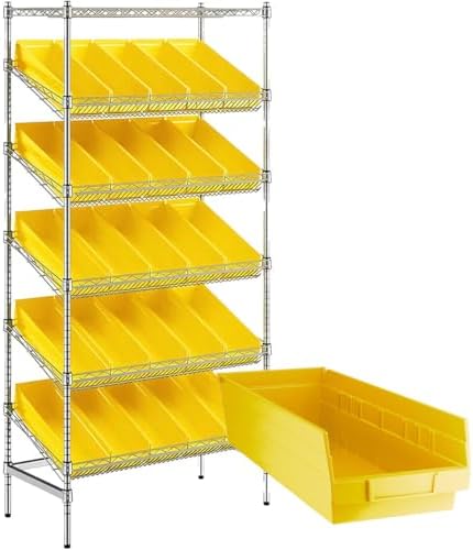 18" x 36" x 74" Heavy-Duty Commercial Chrome Shelving Unit with 25 Yellow Storage Bins - Metal Wire Utility Shelf for Tool, Office, Garage, and Warehouse Organization - Durable Storage Cabinet by Zedfire