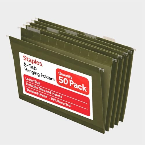 Staples Hanging File Folders, Letter Size, 1/5-Cut Tabs, Green, 50/Pk by Staples