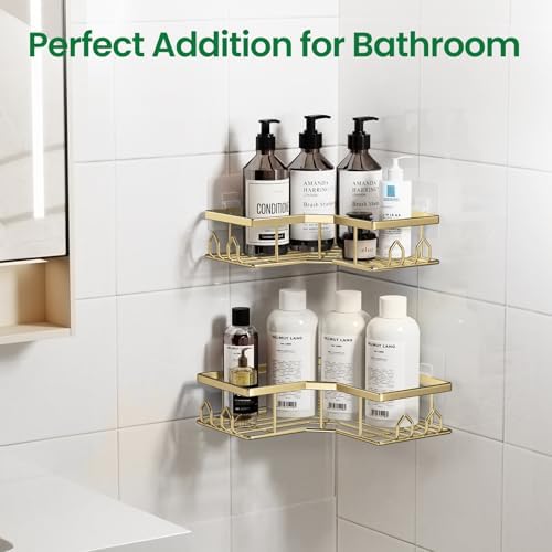 Adhesive Shower Caddy, 2 Pack Corner Bath Organizer, Rustproof Stainless Steel Shower Shelves with Large Capacity, No Drilling Shelves for Bathroom Storage, Home, Kitchen Décor(Gold) - Image 6