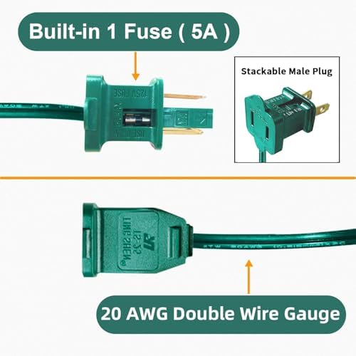 3 Pack 2 Prong Polarized Extension Cord Green Extension Cord 6 Feet with Stackable Unpolarized Plug, 5A 120V 432W, for Connect/Extend Indoor Outdoor Christmas Lights String (18 Feet) - Image 4