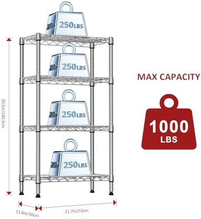IZEUK 4 Tier Steel Storage Shelves, Heavy Duty Metal Shelf Wire Shelving Rack for Pantry, Kitchen, Living Room, or Office Organization (11.8" D x 21.7" W x 39.5" H, 1000LBS, Chrome) - Image 3